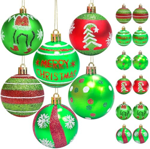 12 Pcs Christmas Tree Bulbs Ornaments, 2.4 Inch Red and Green Christmas Balls Ornaments, Shatterproof Plastic Xmas Ball Tree Decorations, Bulk Ornament Set