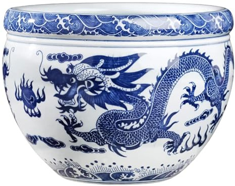SAYEYBU Dragon Blue & White Porcelain Fishbowl Planter or Cachepot, for Indoor/Outdoor Use in Garden Entryway Living Room, Contemporary Classic Traditional Style Decor,Blue,22.5x19cm