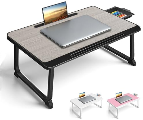 Laptop Bett Tisch - Schreibtisch, Nachttisch mit Schublade, für Laptop, Lesen, Schreiben, Essen und Filme auf Bett, Sofa oder Boden ansehen (Grey)