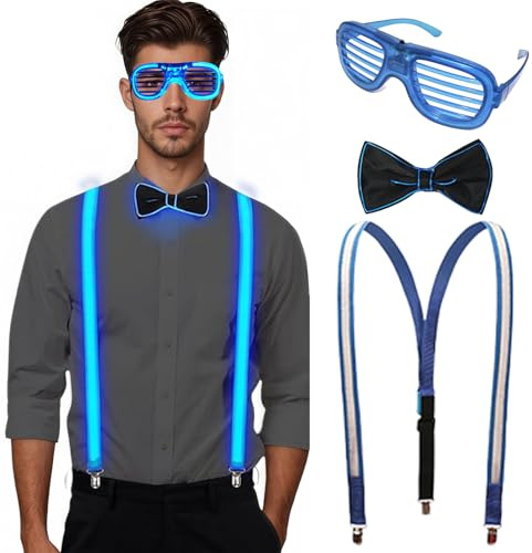 Calenxy 3 Bretelle luminose da uomo a LED, papillon e occhiali, a forma di Y, bretelle regolabili, 3 modalità LED, perfetto per Natale, Halloween, feste di carnevale, musica, festival, in maschera