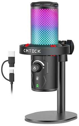 CMTECK USB Microphone for PC Gaming, Condenser Gaming Microphone with Quick Mute, RGB Indicator, Plug and Play, Desk Podcast Mic for Recording, YouTube, Streaming, Compatible with PS4/5/PC (Black)