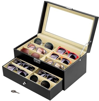 GREENSAPPIRE Brillenbox Eleganter Brillenkoffer aus Kunstleder mit Sichtfenster, Aufbewahrungsbox für Sonnenbrillen & Brillen,Schmuck&Accessoires (Schwarz, 2 Stock, Einheitsgröße)