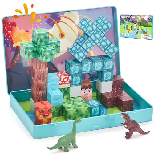 hahaland Costruzioni Magnetiche da Viaggio, 52 pezzi Cubi Magnetici Dinosauri per Bambini, Montessori Giocattolo Viaggio STEM Regali Ragazzi Ragazze 3 4 5 6 anni