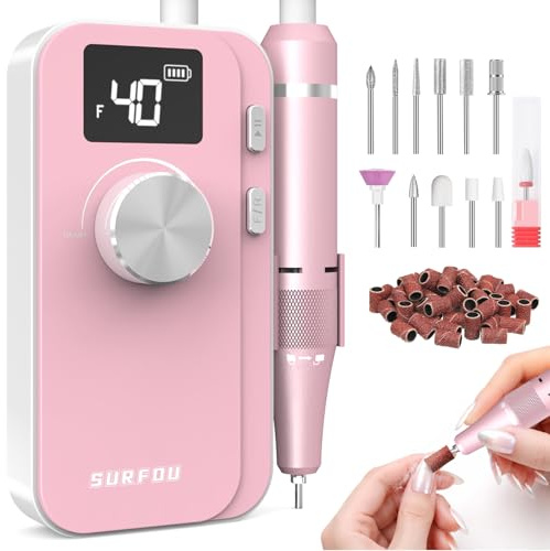 SURFOU Nagelfil 40000 RPM, Trådlös Uppladdningsbar Elektrisk Nagelfil med 4000mAh Batteri, LCD-Display, Tyst & Låg Vibration, Steglöst Justerbar, För Gel, Akryl och Naturliga Naglar
