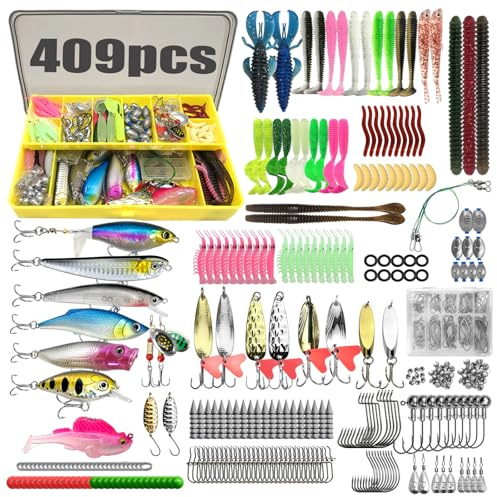 Set da Pesca 409 Pezzi – Esche Artificiali & Accessori per Acqua Dolce/Salata – Specifico per Persico, Sole e Nero – Completo per Principianti, Adulti & Bambini – Ideale come Regalo