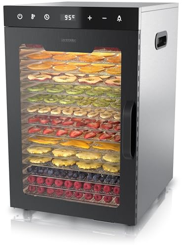 Arendo - Dörrautomat Edelstahl mit 16 Edelstahlgitter - 1000 Watt - 13400 cm² - 8 Programme - Dörrgerät Dehydrator Obsttrockner Dörrapparat - Obst Fleisch Pilze uvm - LED Touch Control