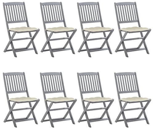 Mhdvray 8er Set Gartenstühle Klappbar mit Sitzkissen aus Akazienholz Massiv, Moderne Essstühle für Garten Terrasse und Balkon, Grau Lasierte Holzstühle, Sitzhöhe 45 cm, Cremeweiße Polster