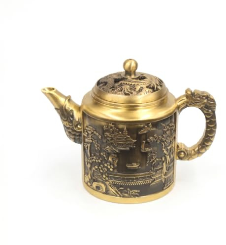 MotiveTech Mini Teiera in Ottone Stile Retrò Teiera Ottone Oggetto da Collezione Decorazione Domestica per Esposizione, Ufficio, Teiera Drago E Fenice Paesaggio