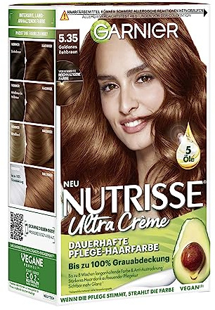 Garnier Nutrisse Dauerhafte Pflege-Haarfarbe mit nährenden Fruchtölen, Coloration mit 8 Wochen Halt, Ultra Crème Tönung, 5.35 Goldenes Rehbraun