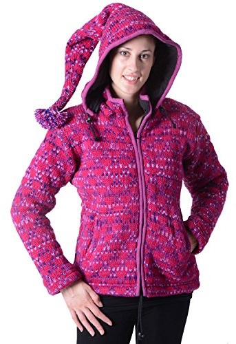 Pinke Strickjacke Wolljacke Hippie Goa mit abnehmbarer Zipfelkapuze