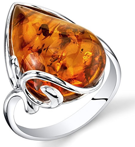 PEORA Genuine Baltic Amber Ring for Women 925 Sterling Silver, Large Teardrop Shape, Rich Cognac Color Size 8, Real Baltic Amber Ring for Adults, 100% Natural from Baltic Region, w/Jewelry Box