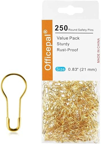 Officepal Sicherheitsnadeln für Kleidung, Quilten, Basteln – kleine 2,1 cm große Edelstahl-Kürbisnadeln in Birnenform, in Box, 250 ct Nähzubehör (Gold)