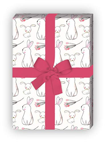 Kartenkaufrausch Süßes Geschenkpapier Set 4 Bogen mit Baby Hasen nicht nur zu Ostern, Geburt, weiß, für liebe Geschenkverpackung 32 x 48cm, zu Ostern Baby Geburtstag, universal Geschenkpapier