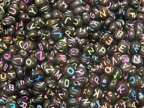 Perlin 200 Buchstabenperlen Kunststoffbuchstabe Schwarz perlen mit bunt Buchstaben A-Z 7mm, Rund perlen für Armband, Choker, Schmuck oder andere Handwerk