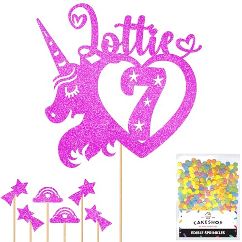 Personalised Unicorn Heart Glitter Cake Topper- Pink Any Custom Age & Name Glitter Cake Decoration and Sprinkles - Happy Birthday Decorations - Personalised Toppers for Cakes by Cakeshop