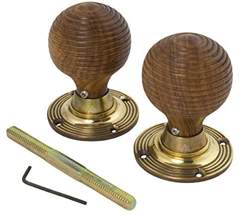 AB Hardware 1 Pair of Rosewood & Aged Brass Beehive Wooden Wood Mortice Rim Door Knob Knobs Pairs