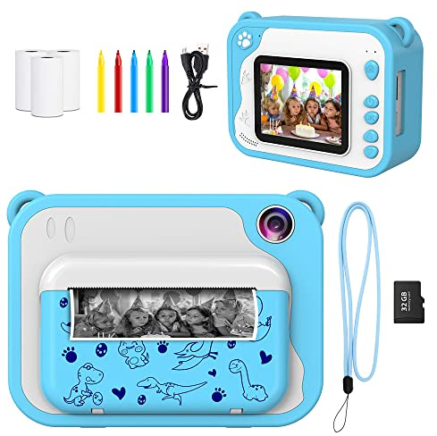 Ushining Cámara Instantánea para Niños, Videocámara HD 1080P con Pantalla de 2,4 Pulgadas Cámara Fotos Infantil Instantanea con Tarjeta SD de 32 GB y Papel de Impresión, Regalos para 3 a 12 Años, Azul