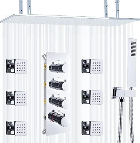 Delnet Rain Shower System Thermostatic Luxury Large 16x32 Inch Rainfall Shower System with Body Jets Chrome Concealed Shower Mixer Set