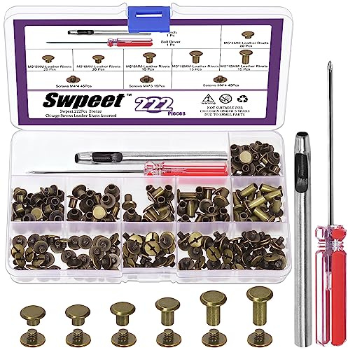 Swpeet Lot de 110 rivets de reliure Chicago 6 tailles M5 x 4 mm/5 mm/6 mm/8 mm/10 mm/12 mm en bronze avec kit d'outils d'installation, rivets à vis M5 pour réparation en cuir