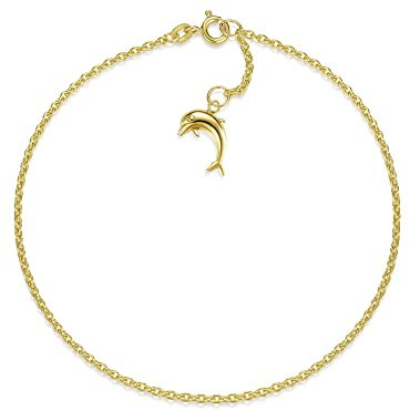 Fußkette Erbse Breite 1,8mm mit kleinem Delphin | aus echt 585 Gold | hochglanzpolierte Fußkette | Echtgold mit Federringverschluß