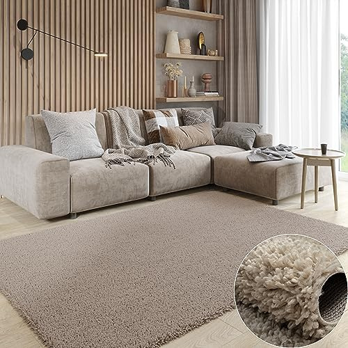 MY-RUG Shaggy Star kuscheliger Langflor Teppich, Rutschhemmende Unterseite, extra Langer Hochflor 37 mm, Pflegeleicht, Super Soft, Felloptik, beige, eckig 90 x 60 cm