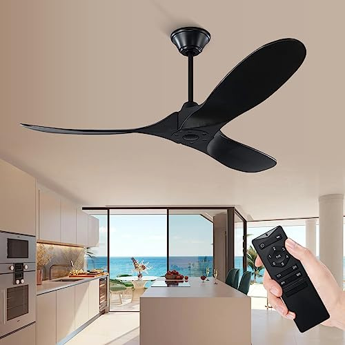 XSGDMN Schwarzer Deckenventilator ohne Beleuchtung, Deckenventilator aus Holz mit Fernbedienung, DC-Motor,177cm Leiser Deckenventilator für Balkon,Terrasse,Niedrige Räume