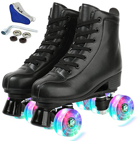 XUDREZ Roller Skates Women Man PU Leather Shiny Roller Skates Double Row Adjustable Quad Rollerskates for Beginner Boys Girls Kids 8+ Outdoor Indoor with Carry Bag Black flashing wheel EUR40-Uk7