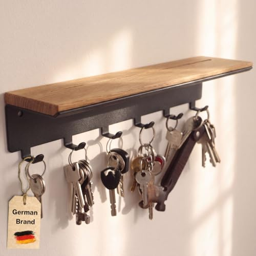 Astrein® Portallaves con 6 ganchos, tablero de madera de roble, organizador de pared, caja para llaves con estante, almacenamiento de llaves de metal negro, 30 x 8 x 8 cm