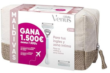 Venus Gillette Maquinilla De Depilación Para Mujer Para Ingles Y Zona Íntima + 2 Recambios + Neceser, Pack Maldivas