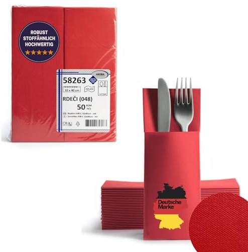 AROBA 50x Airlaid Besteckservietten (Rot, 32x40 cm) - Hochwertige Serviettentaschen - Fertig gefaltete Bestecktaschen - Stoffähnliche Airlaidservietten