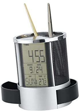 NUOBESTY Clock Mesh X Included Pen Steel Electronic 2 Battery at Holder Wire Multifunction Pencil Organizer with Calendar Date Display Drawers The Bottom for and Office Home