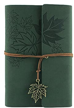 A6 Nachfüllbar Tagebuch Notizbuch, Vintage PU Leder Reisetagebuch Journal Skizzenbuch Ringbuch mit Blanko Kraftpapier und Ahorn Anhänger [Dunkelgrün]
