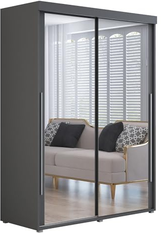 Meble Slupia Kleiderschrank IGA 2 - Schiebetüren mit Zwei Spiegel - Holzwerkstoff, Kleiderstange, Geteilte Tür - Für Schlafzimmer, Vorraum, Garderobe - Silberner Griff - 130x202x62 cm, Anthrazit