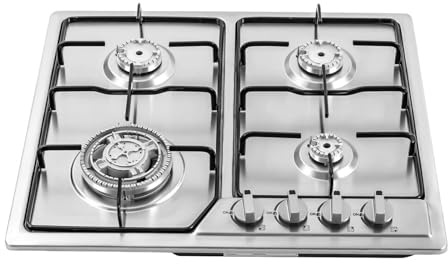 Plaque de cuisson au gaz, 4 brûleurs, cuisinière encastrable au gaz naturel et au propane, surface en acier inoxydable et grilles en fonte, 58 x 52 cm