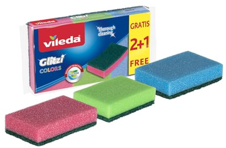 Estropajo Fibra con Esponja Vileda Glitzi Colors, Antibacteriano | Pack de 3 | Colores azul, rosa y verde | Superficie abrasiva | Tratamiento antibacteriano | Para ollas y platos