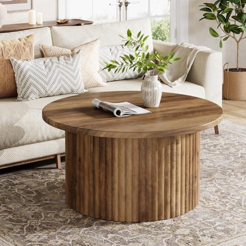 Tribesigns Runder Couchtisch mit 80 cm Durchmesser, Beistelltisch im Landhausstil mit stabiler Metallbasis, moderner Akzent-Couchtisch für das Wohnzimmer, Holzmaserung, Furnierplatte