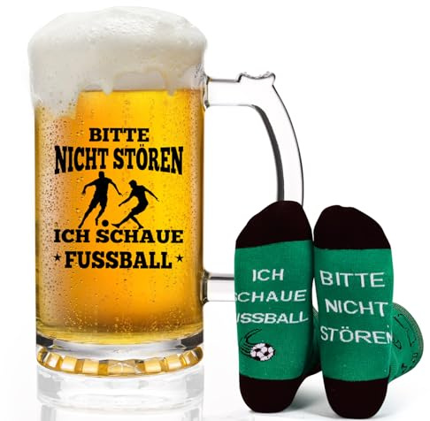 Joymaking Bierglas Socken Geschenke für Männer - Lustige Fußball Geschenke für Jungen mit Biermug 0,5L