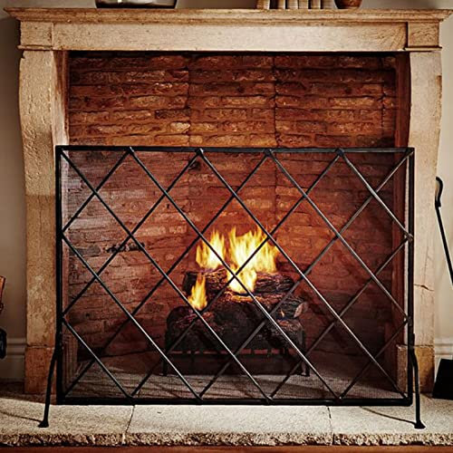 HPTHLY Pare-feu Noir pour Foyer/Foyer extérieur, Porte moustiquaire de cheminée à Panneau Unique Large 96 cm, Pieds de Support en Fer forgé