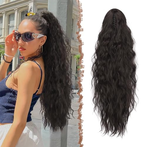 FESHFEN Ponytail Cheveux Naturel Pince Ponytails Extension Longue Bouclée Ondulée Postiche Queue de Cheval Extension Marron Noir Synthétique Rajout Cheveux pour Femmes 65 cm