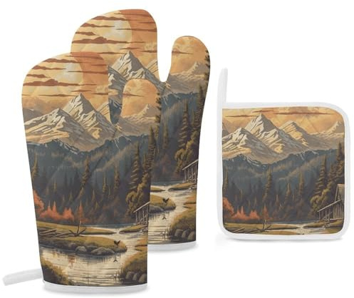Oven Mitts and Pot Holders 3 Pcs Non-Slip Oven Glove Sun Mountain Scenic Stream Oven Mitt Heat Resistant Oven Gloves for Cooking BBQ Kitchen Hot Pads for Microwave