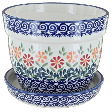 Blue Rose Polish Pottery - Orange Garden Bouquet Large Flower Pot - 5x 5 - Ceramic Flower Pot, for Indoor or Outdoor Garden Décor