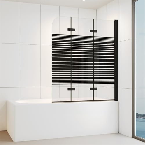 IMPTS 120x140 CM Duschwand für Badewanne 3 teilig Schwarz Duschabtrennung Badewannenaufsatz Teilsatiniert Faltwand 180° Faltbar 6mm ESG-Sicherheitsglas mit NANO-Beschichtung | RECHTS