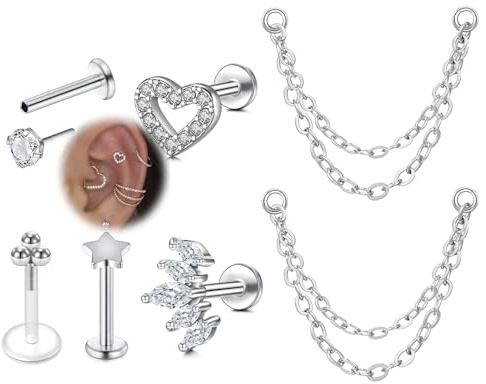 VFUN 16g Chirurgenstahl Flacher Rücken Piercing Ohr Mit Kette Threadless Lippenpiercing Labret Piercing 8mm Schraube Zurück Tragus Helix Cartilage Conch Piercing Ohr Piercing Schmuck