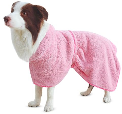 Bienbee Weicher Hundebademantel, super saugfähig und schnell trocknend, mit Kapuze, gemütlicher Trockenmantel für nach dem Baden, Rosa, Größe XL