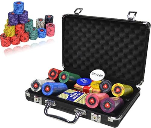 Pokerchip-Set, 200/300/500 Chip-Set, mit Aluminiumbox, 2 Spielkartendecks, Texas Hold'em Poker-Set, 10 g schwere Pokerchips, Keramikmaterial, flexibel für Verschiedene Spiele Black 200#