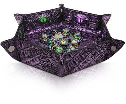 Byhoo Plateau à dés DND motif crocodile, plateau à dés hexagonaux pliable, plateau à dés phosphorescent, parfait pour les RPG, DND et les jeux de table (violet)