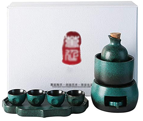 Nuovo set per sakè con scaldavivande, set caldo in ceramica da 9 pezzi, tra cui 1 fornello a candela, 1 tazza riscaldante, 1 pentola per sakè, 4 tazze per sakè, 1 portacandele e 1 vassoio, nero,