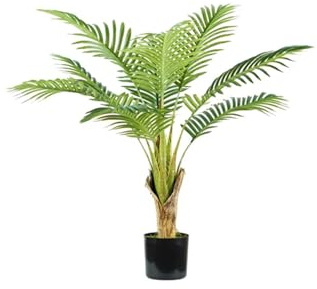 Pianta di Palma Areca Artificiale con 9 Foglie, 90 cm, Vaso con Muschio Naturale, Pianta Decorativa per Interni