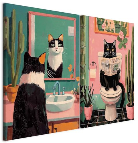 murando - Leinwandbild Set Schwarzer Katze, 40x30 cm, 2-teilig, Gäste-WC | Hochwertige Leinwand, sofort aufhängbar, ideal fürs Gäste-WC, wasserfest und lichtecht, langlebig, stilvoll, zeitlos, edel