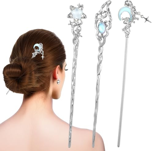 3PCS Star Moon Hair Chopsticks Chinese Hair Pins Star Moon Hairs Sticks Long Metal Silver Tousle Stick Long Hairs Chinese Hanfu Asian Vintage Chopsticks Accessories for Women Girls Gifts (Blue Silver)